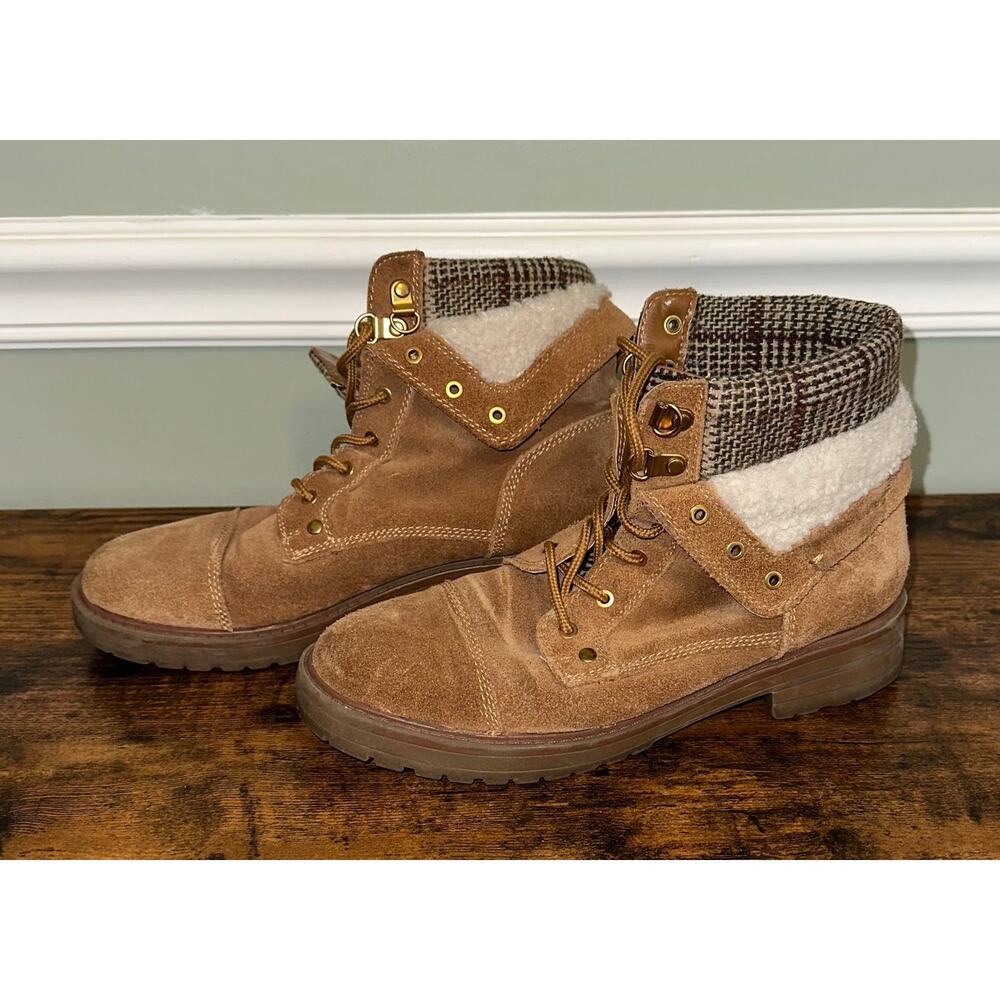 Tommy‎ Hilfiger TWDYAN Ankle Boots Womens 7 Tan Suede Plaid Faux Fur Lace Up Lug